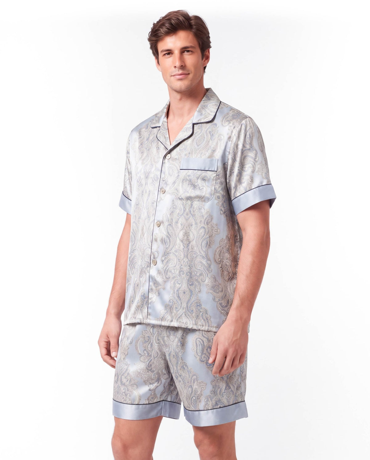 Men’s Silk-Like Pajama Set – Luxurious Paisley Pattern Sleepwear