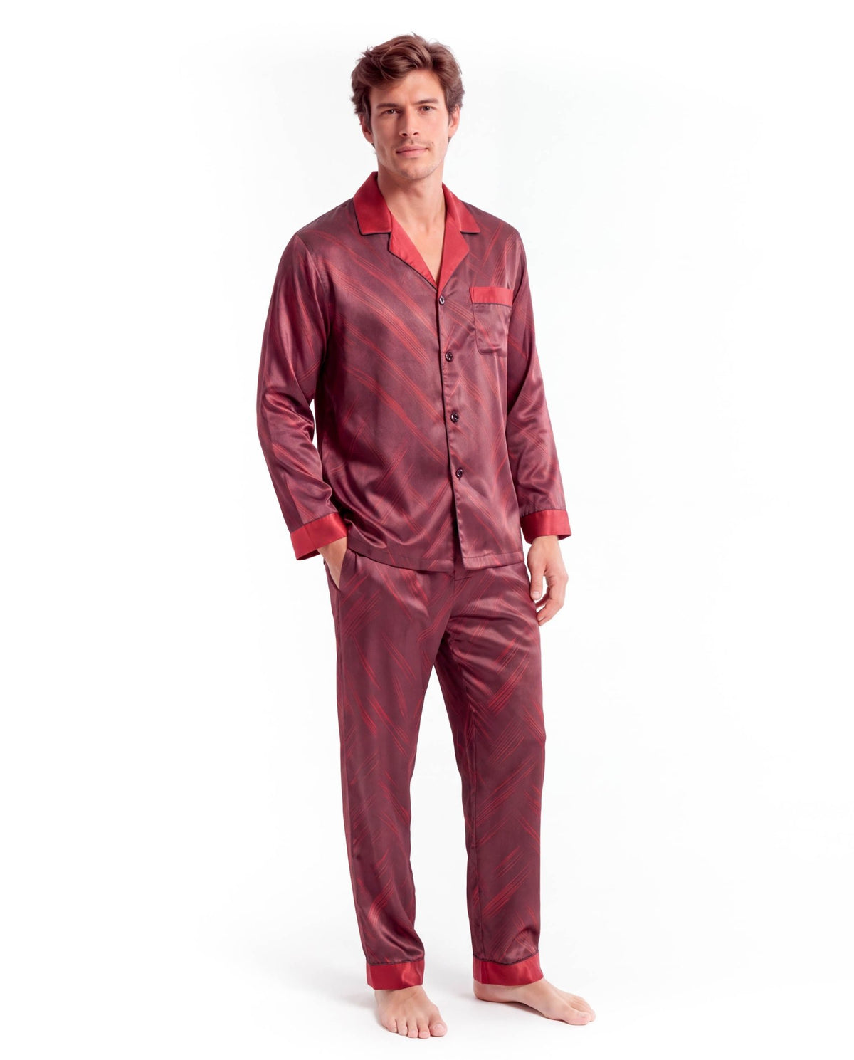 Men’s Pajama Set – Long Sleeve Satin-Look Sleepwear with Elegant Pattern