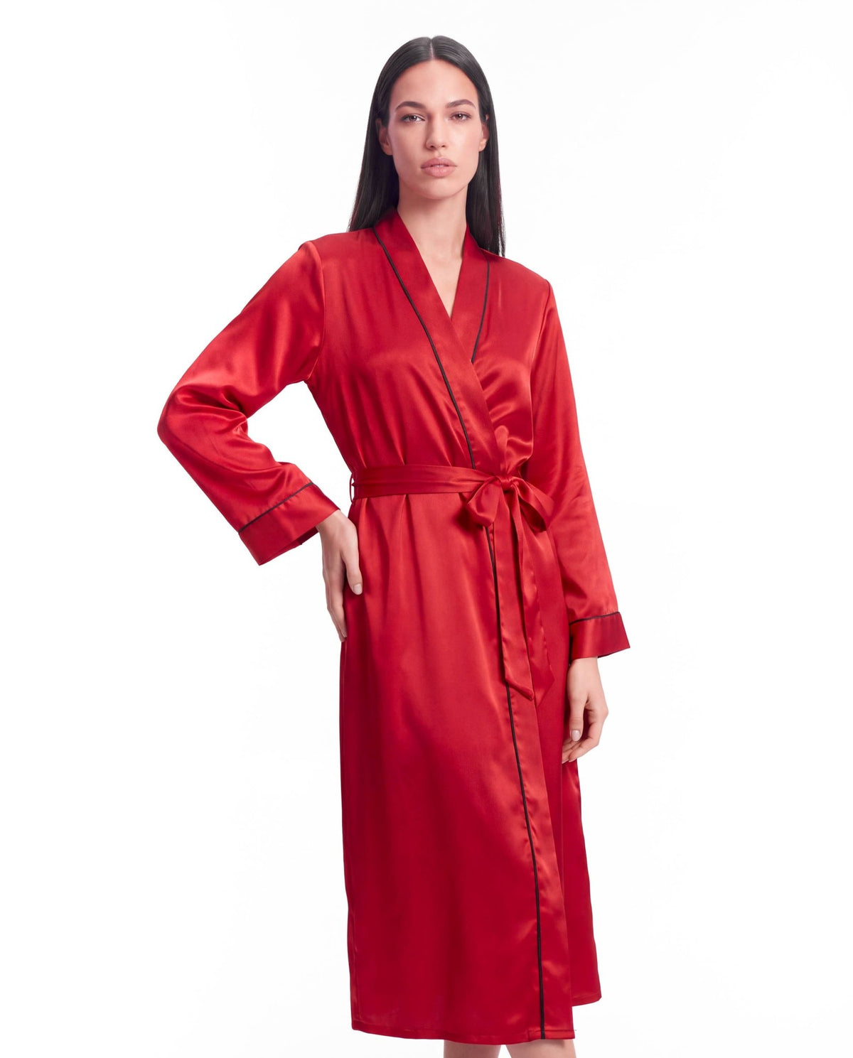 Long Sleeve V-Neck Belted Silk Robe for Women