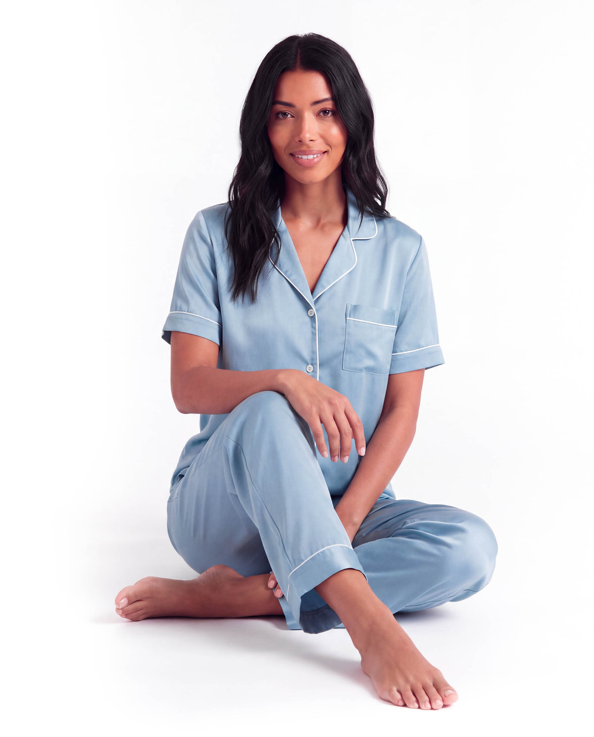 Silk Pajama Set – Short Sleeve Button Top &amp; Long Pants