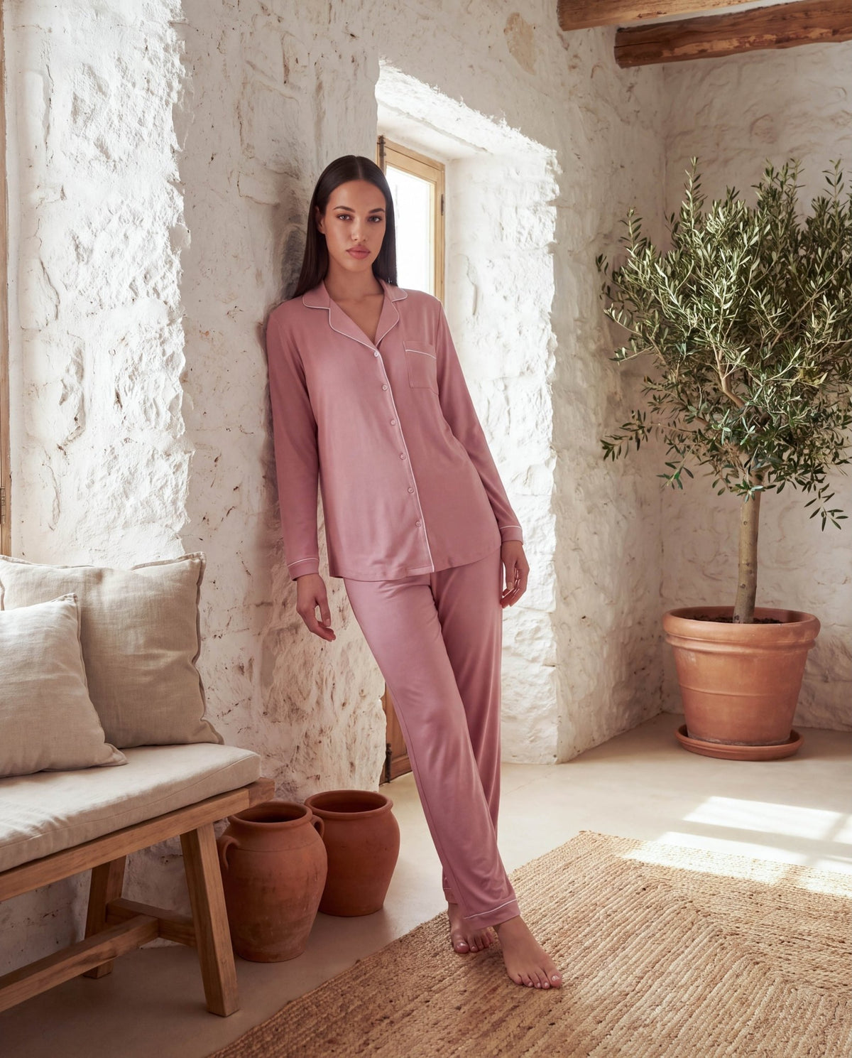 Women’s Bamboo Pajama Set – Long Sleeve Button Down Top with Full Length Pants