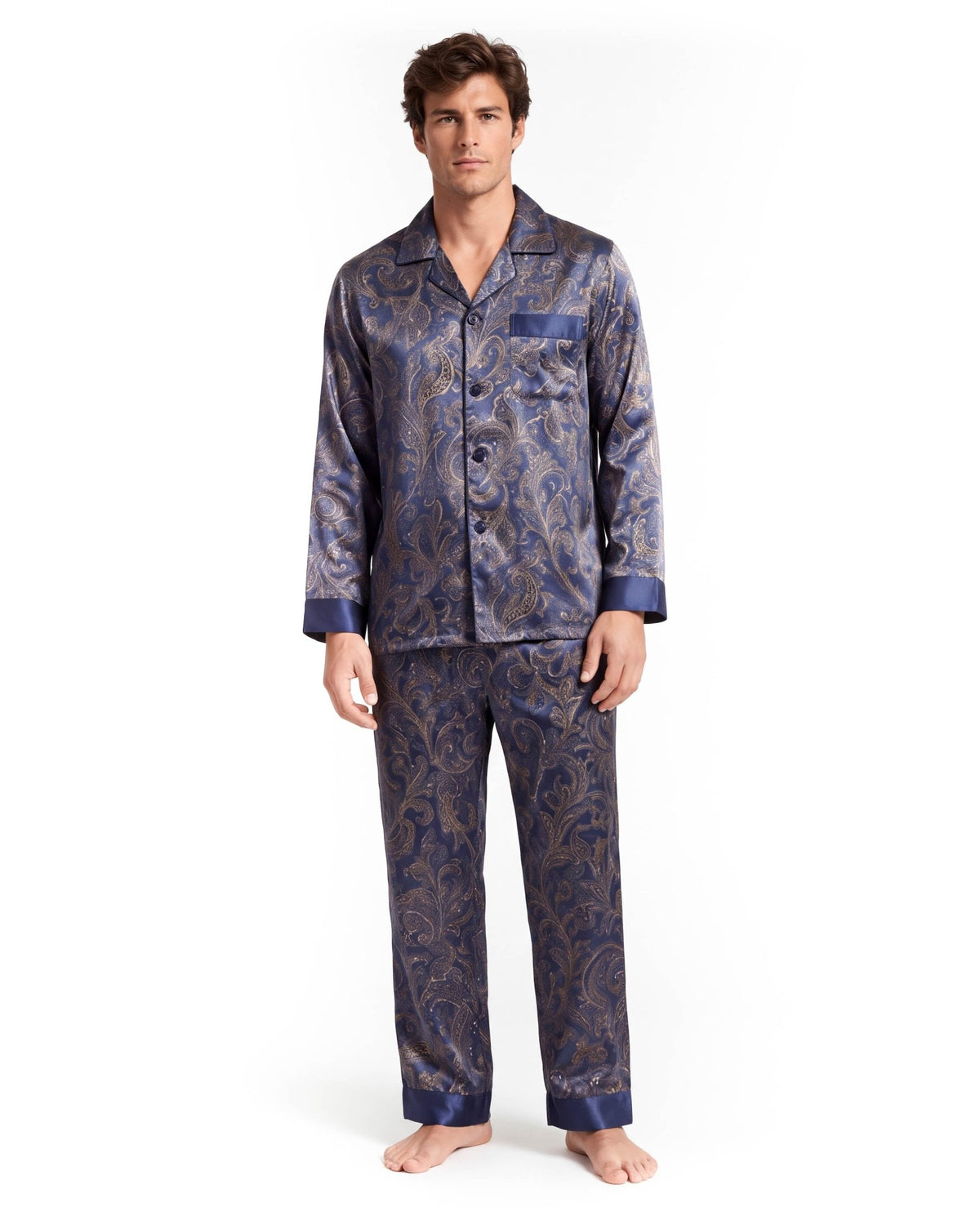 Men’s Silk-Like Pajama Set – Luxurious Paisley Pattern Sleepwear