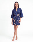 Women’s Crane Print Kimono Robe – Lightweight Short Sleeve Dressing Gown