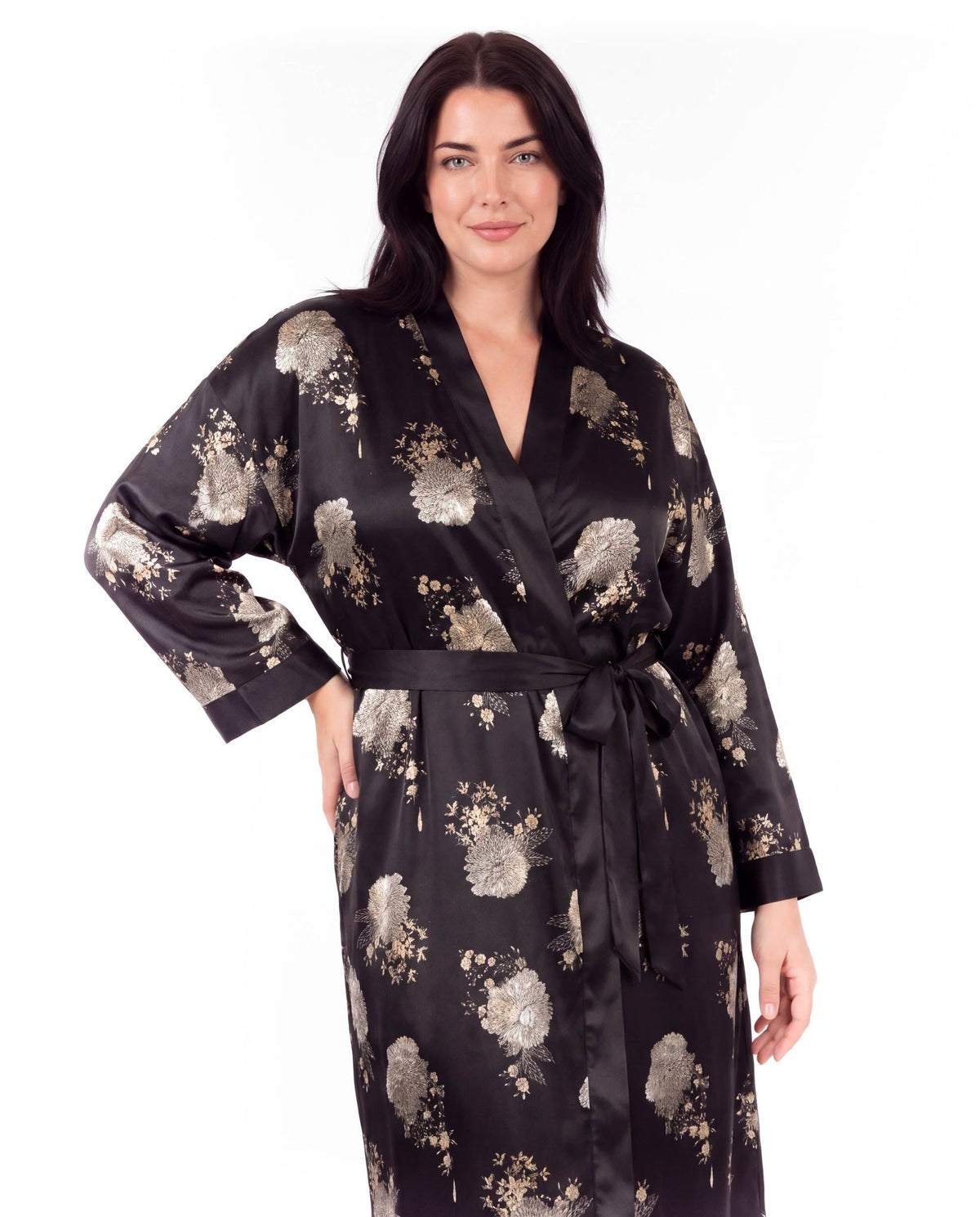 Luxurious Satin Kimono Robe with Contrast Trim – Long Sleeve, Belted, Machine Washable