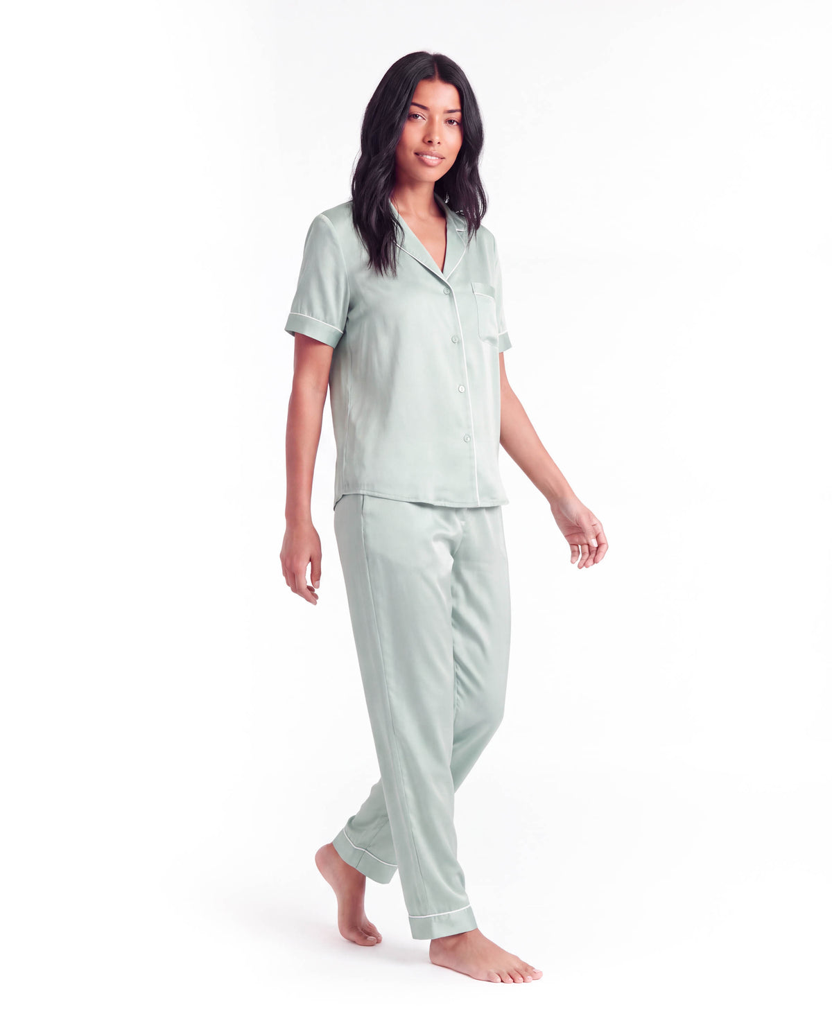 Silk Pajama Set – Short Sleeve Button Top &amp; Long Pants