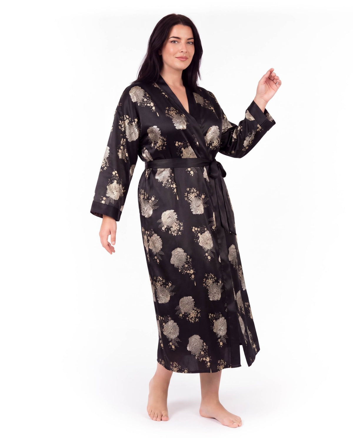 Luxurious Satin Kimono Robe with Contrast Trim – Long Sleeve, Belted, Machine Washable