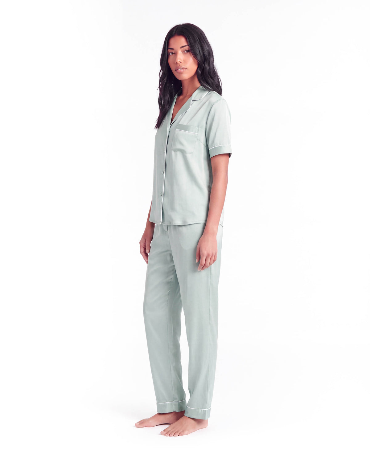 Silk Pajama Set – Short Sleeve Button Top &amp; Long Pants