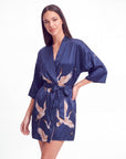 Women’s Crane Print Kimono Robe – Lightweight Short Sleeve Dressing Gown