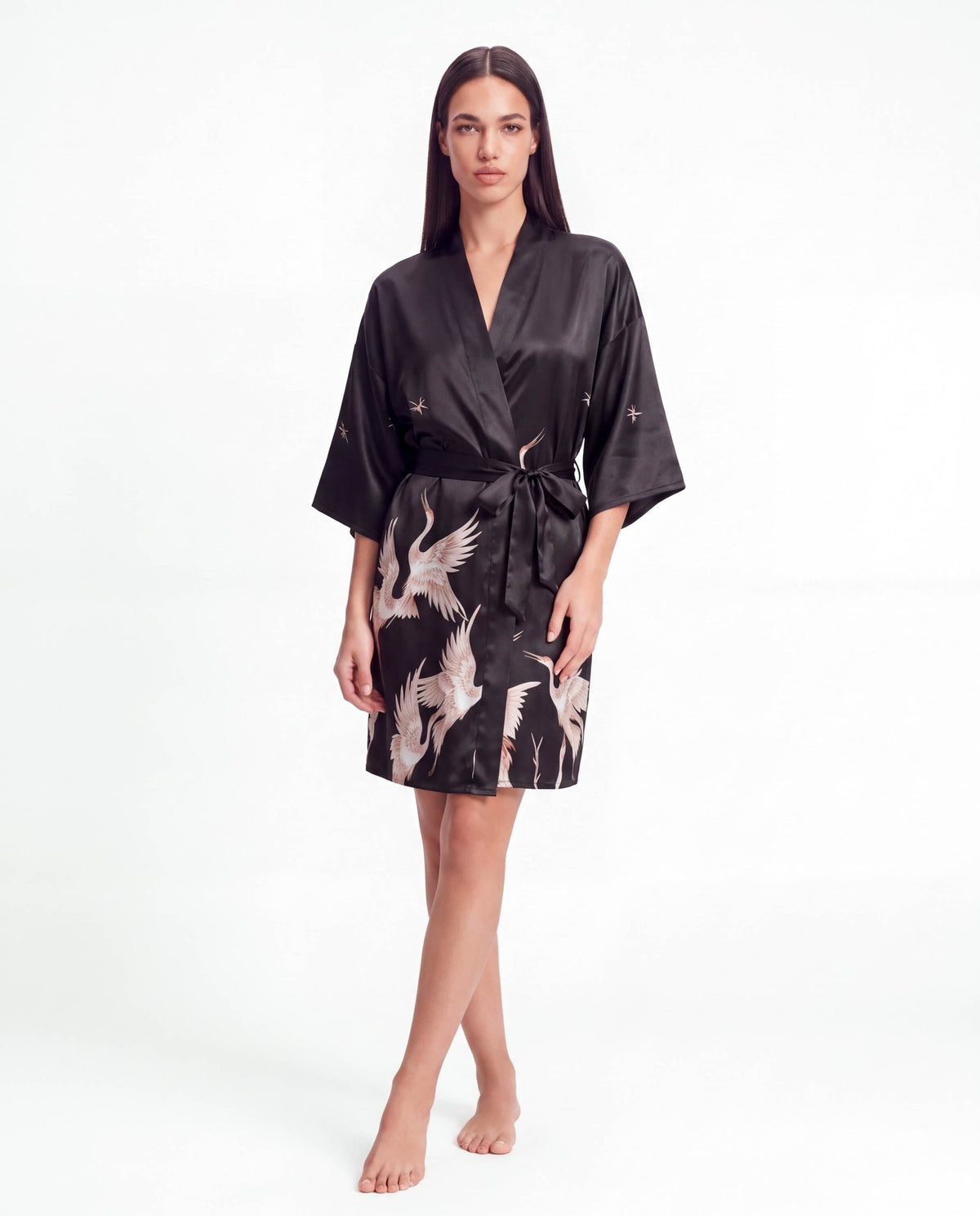 Women’s Crane Print Kimono Robe – Lightweight Short Sleeve Dressing Gown