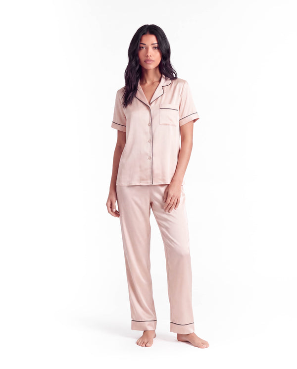 Silk Pajama Set – Short Sleeve Button Top & Long Pants