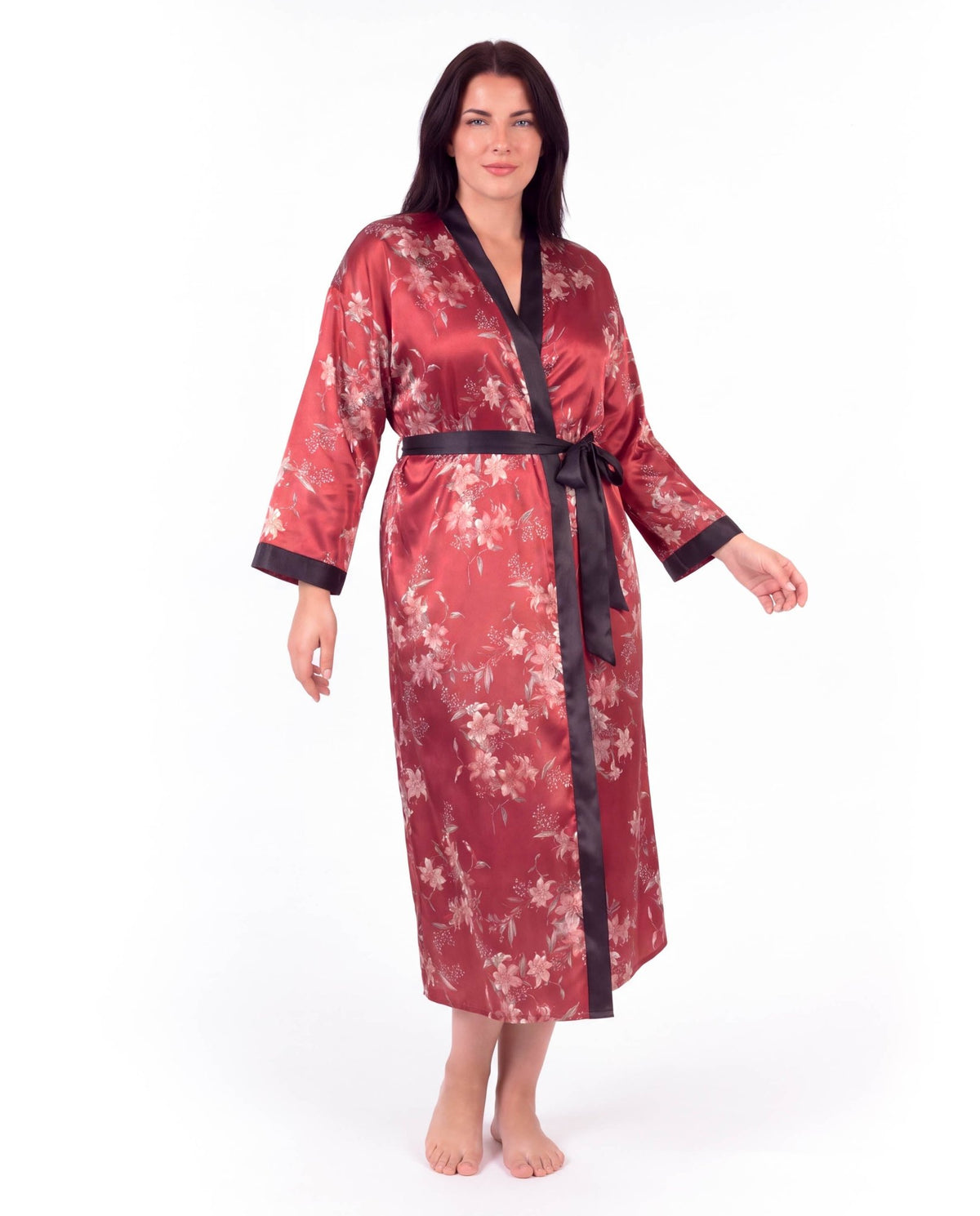 Luxurious Satin Kimono Robe with Contrast Trim – Long Sleeve, Belted, Machine Washable