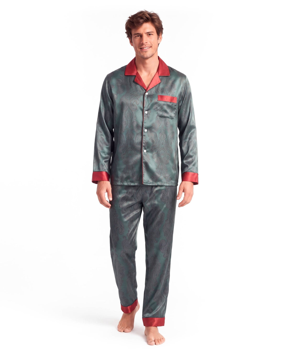 Men’s Silk-Like Pajama Set – Luxurious Paisley Pattern Sleepwear