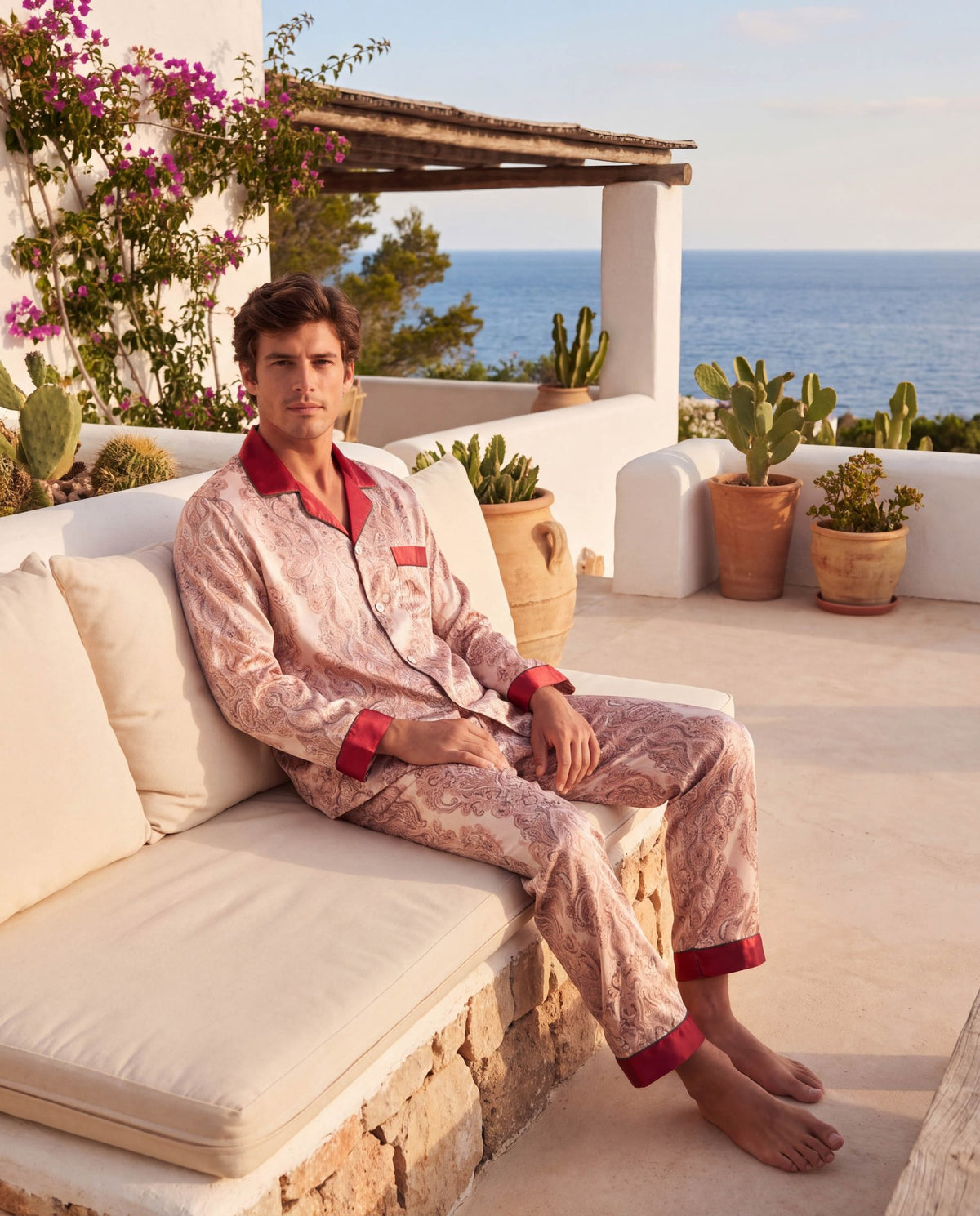 Men’s Silk-Like Pajama Set – Luxurious Paisley Pattern Sleepwear