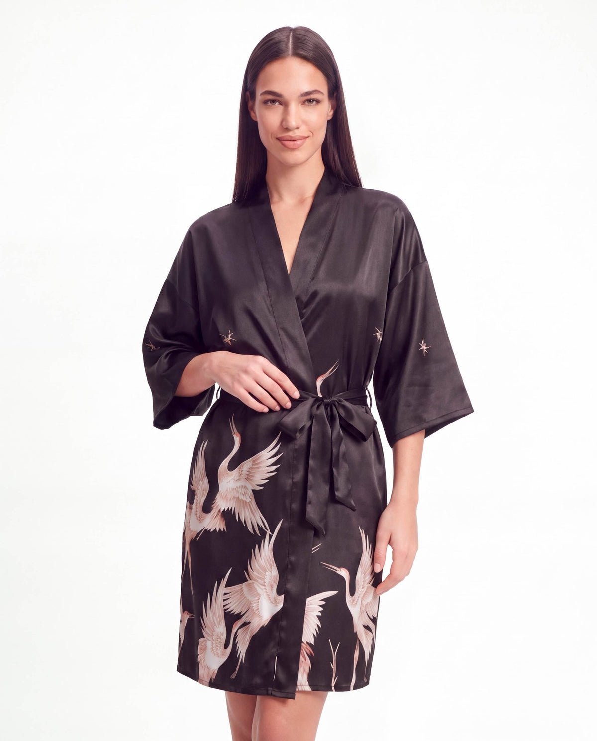 Women’s Crane Print Kimono Robe – Lightweight Short Sleeve Dressing Gown