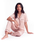 Silk Pajama Set – Short Sleeve Button Top & Long Pants