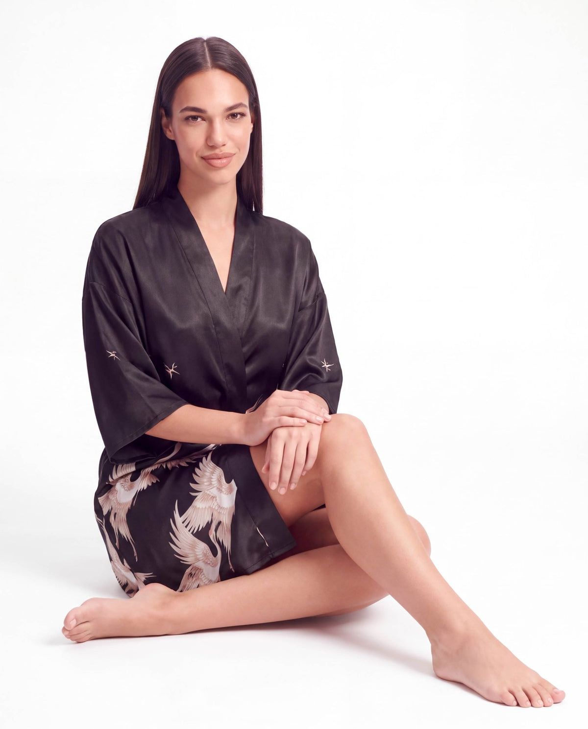 Women’s Crane Print Kimono Robe – Lightweight Short Sleeve Dressing Gown