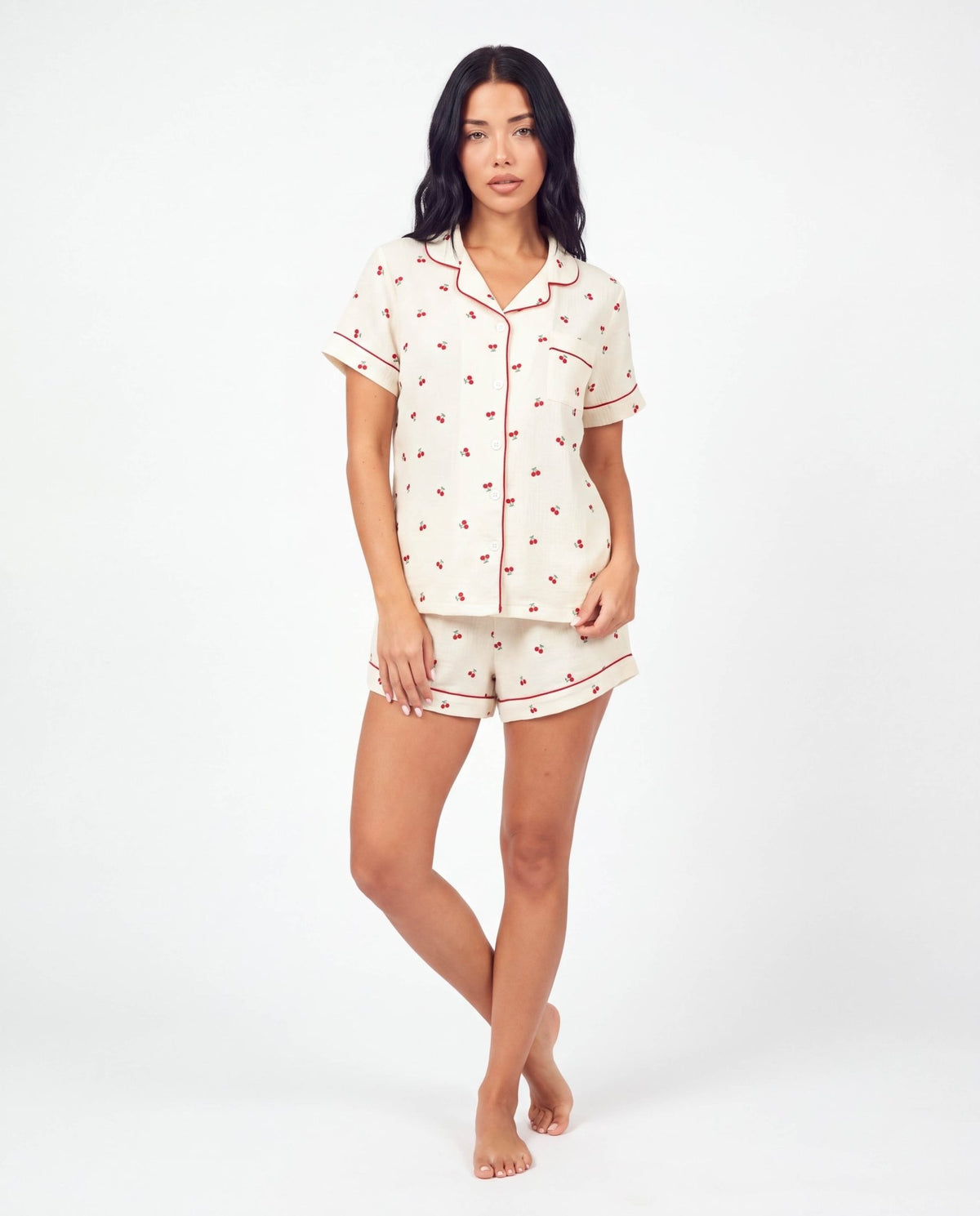 Women’s Cherry Print Pajama Set – Short Sleeve Lapel Top with Button Front and Elastic Shorts