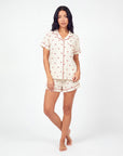 Women’s Cherry Print Pajama Set – Short Sleeve Lapel Top with Button Front and Elastic Shorts