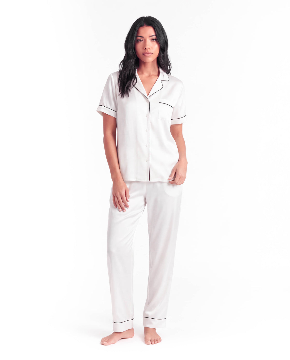 Silk Pajama Set – Short Sleeve Button Top &amp; Long Pants