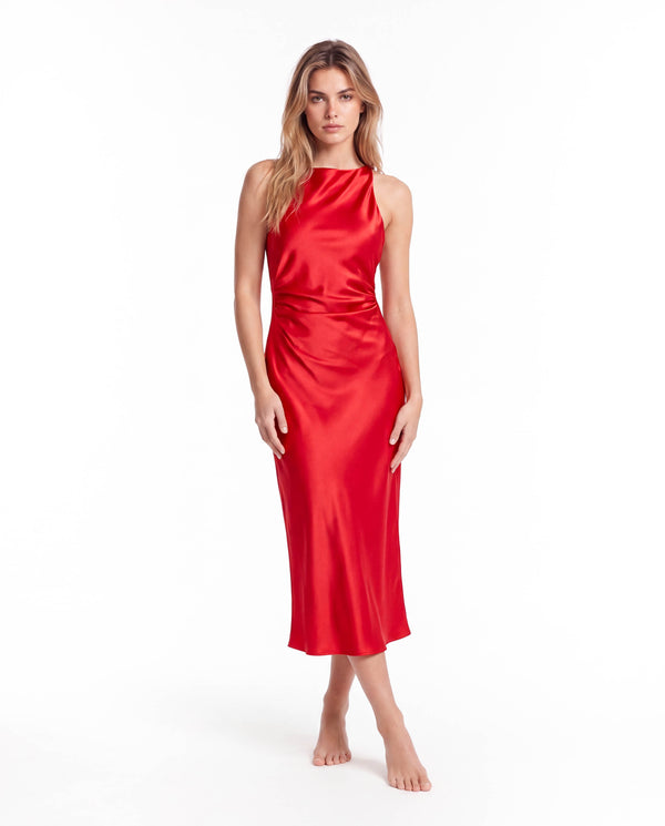 Elegant Sleeveless Silk Satin Midi Dress for Women – Chic Summer Fashion in Solid Color