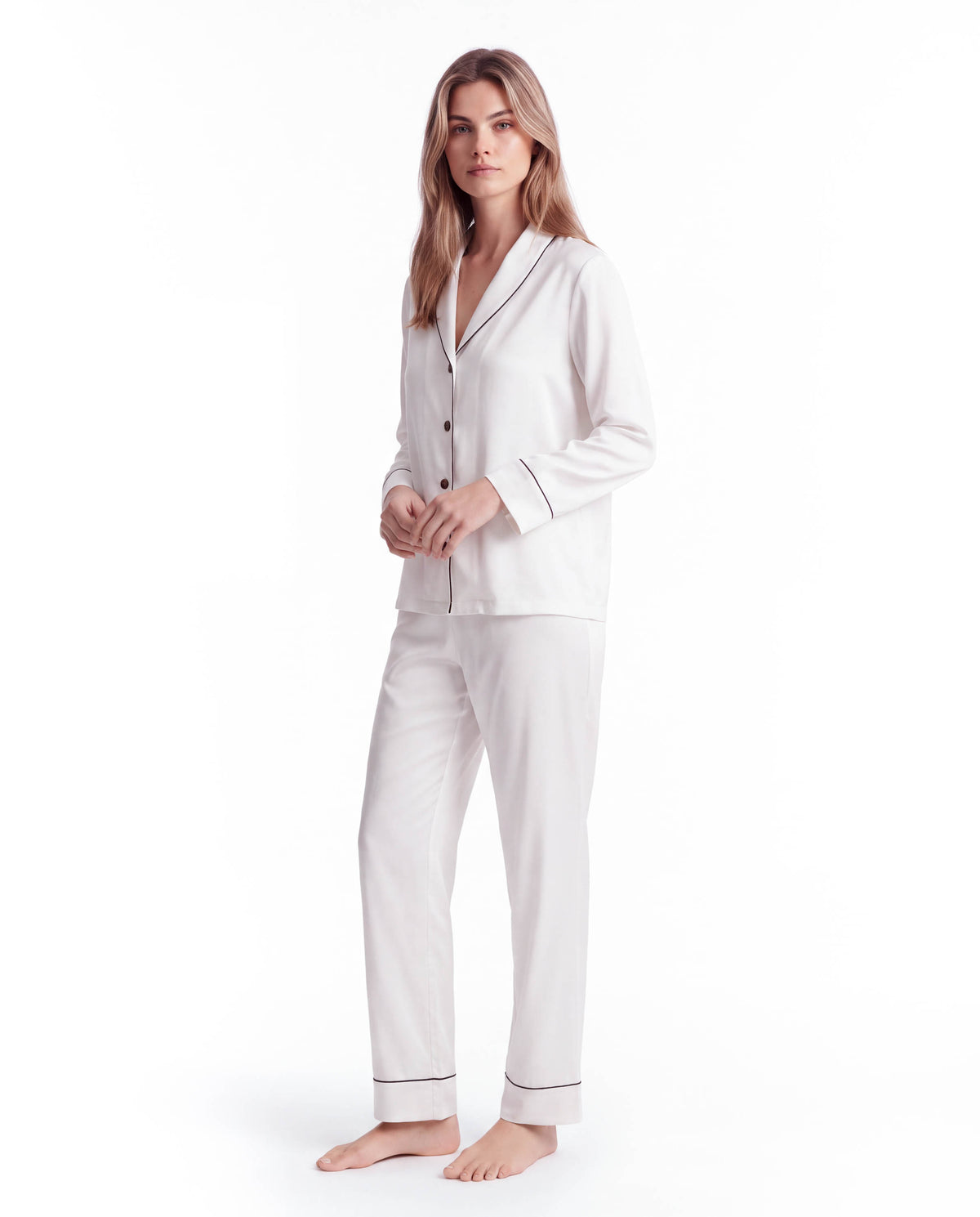 Silk Pajama Set – Long Sleeve Peter Pan Collar Top &amp; Relaxed Pants