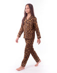 Kids Leopard Print Pajama Set – Girls Long Sleeve Sleepwear, Flame Resistant Nightwear