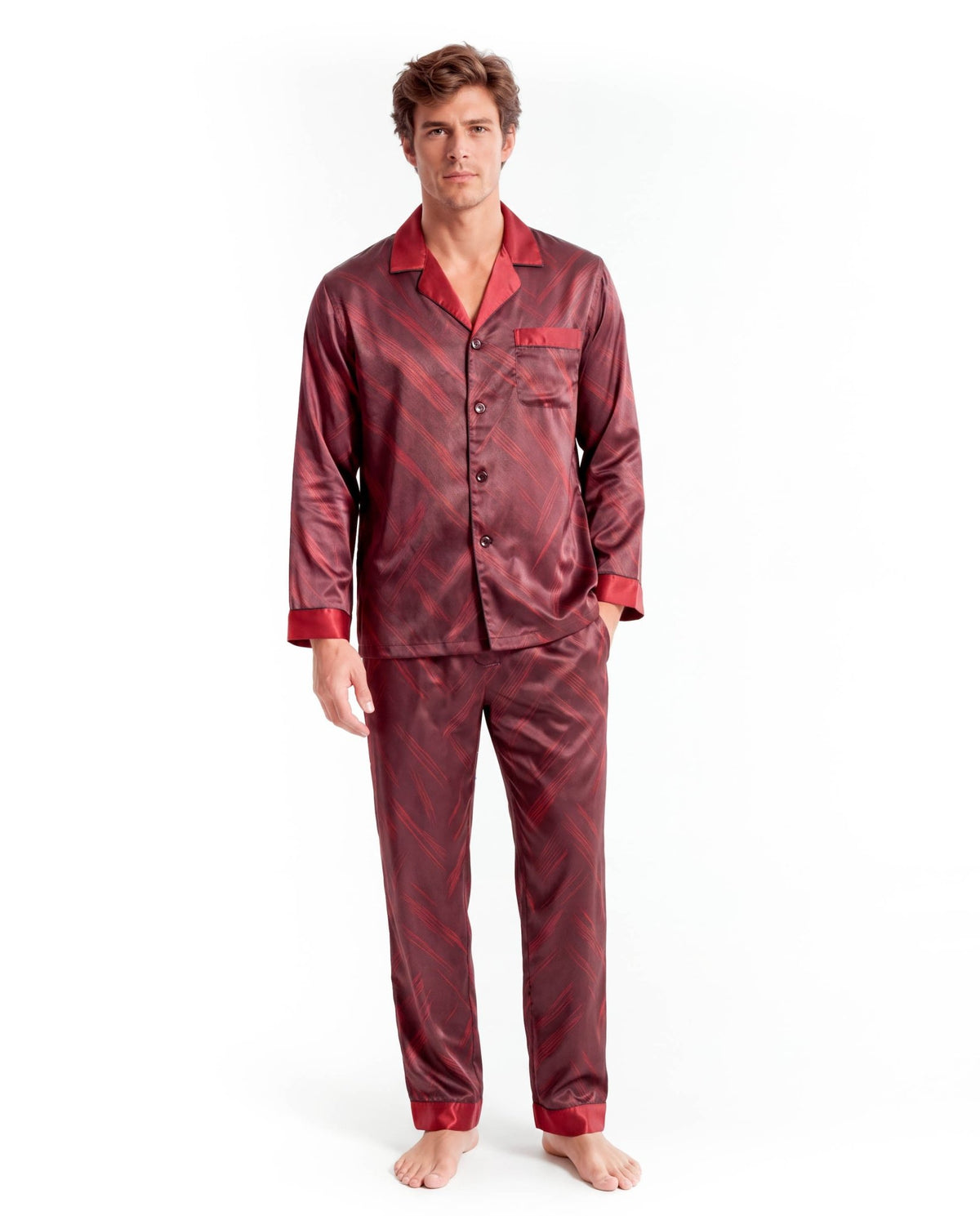 Men’s Pajama Set – Long Sleeve Satin-Look Sleepwear with Elegant Pattern
