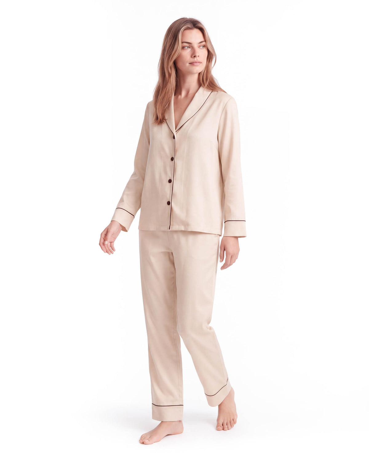 Silk Pajama Set – Long Sleeve Peter Pan Collar Top &amp; Relaxed Pants