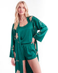 Emerald Green Floral Silk Kimono Robe – Elegant Long Sleeve Robe for Women