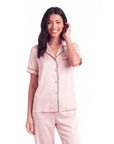 Silk Pajama Set – Short Sleeve Button Top & Long Pants