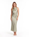Elegant Sleeveless Silk Satin Midi Dress for Women – Chic Summer Fashion in Solid Color