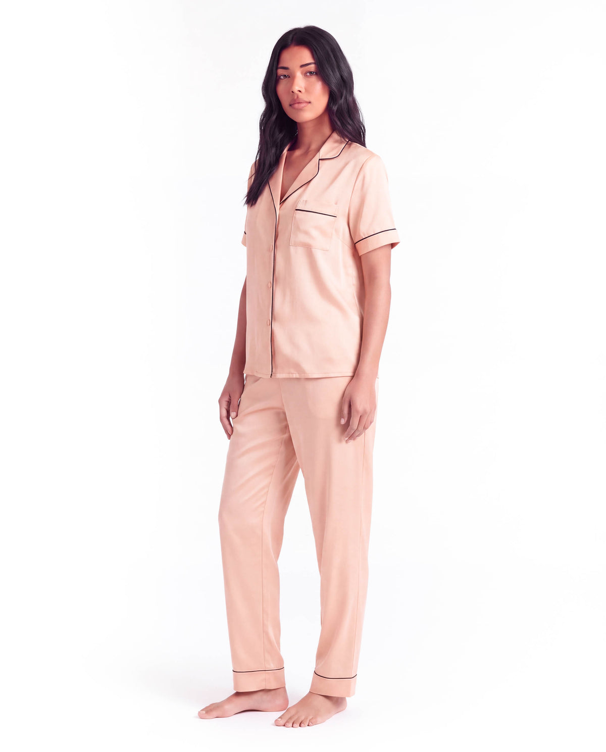 Silk Pajama Set – Short Sleeve Button Top &amp; Long Pants
