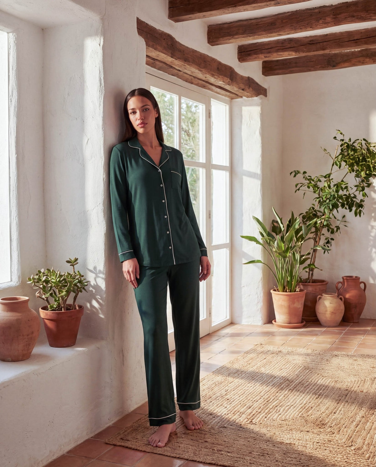 Women’s Bamboo Pajama Set – Long Sleeve Button Down Top with Full Length Pants