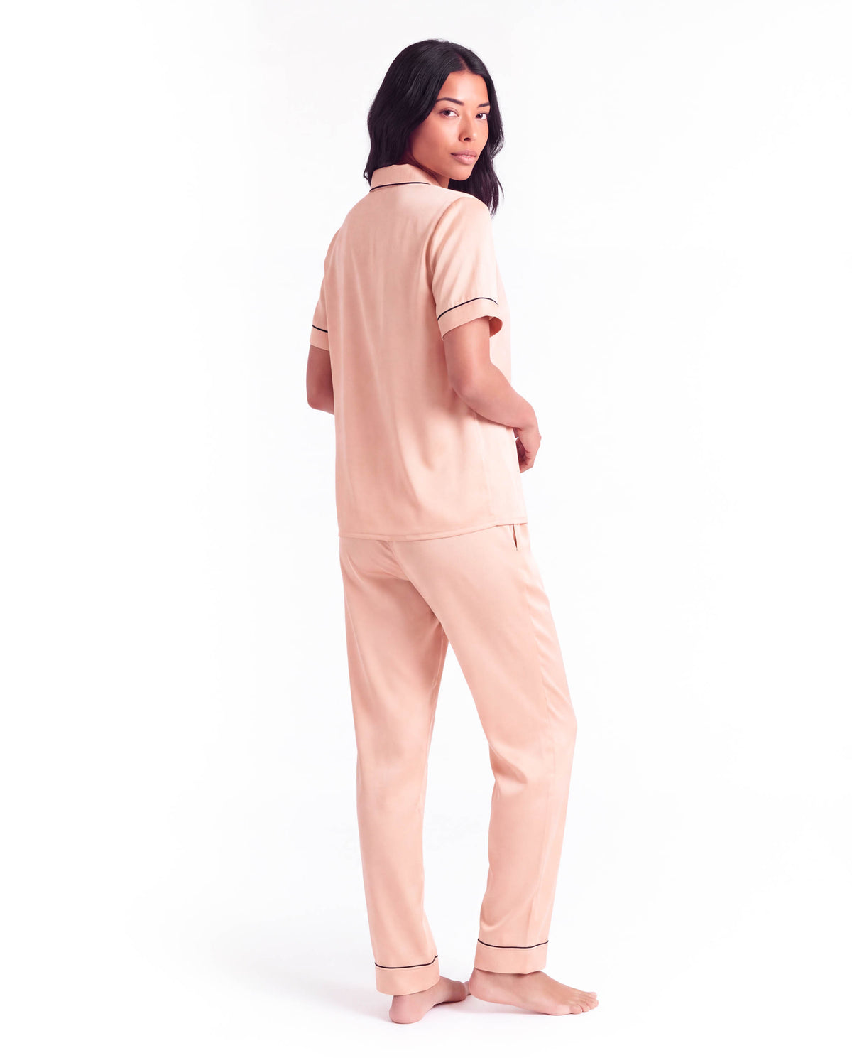 Silk Pajama Set – Short Sleeve Button Top &amp; Long Pants