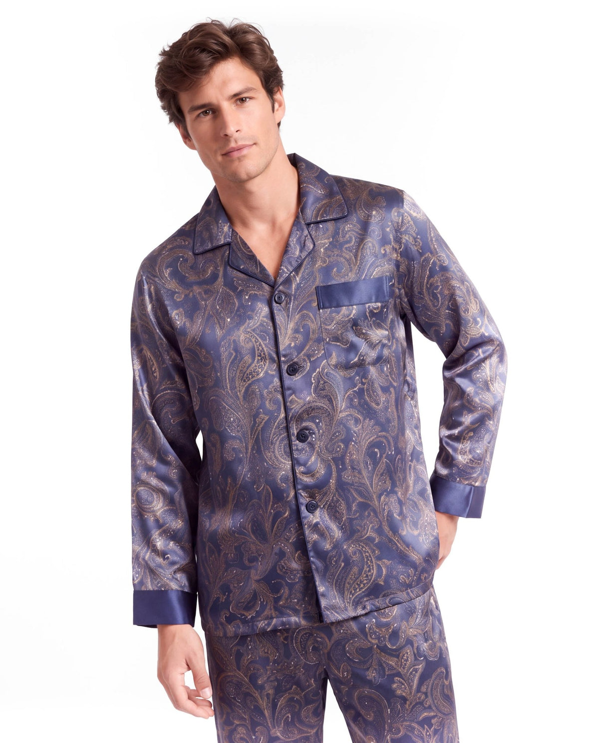 Men’s Silk-Like Pajama Set – Luxurious Paisley Pattern Sleepwear