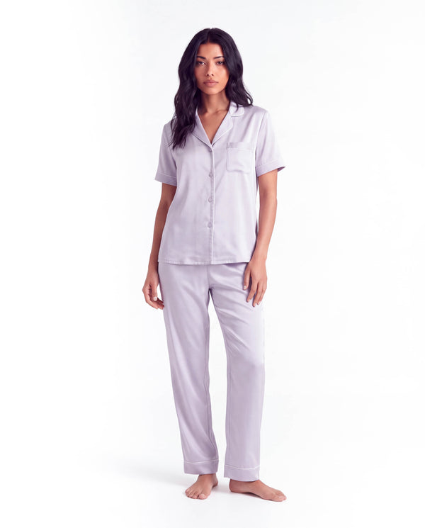Silk Pajama Set – Short Sleeve Button Top & Long Pants