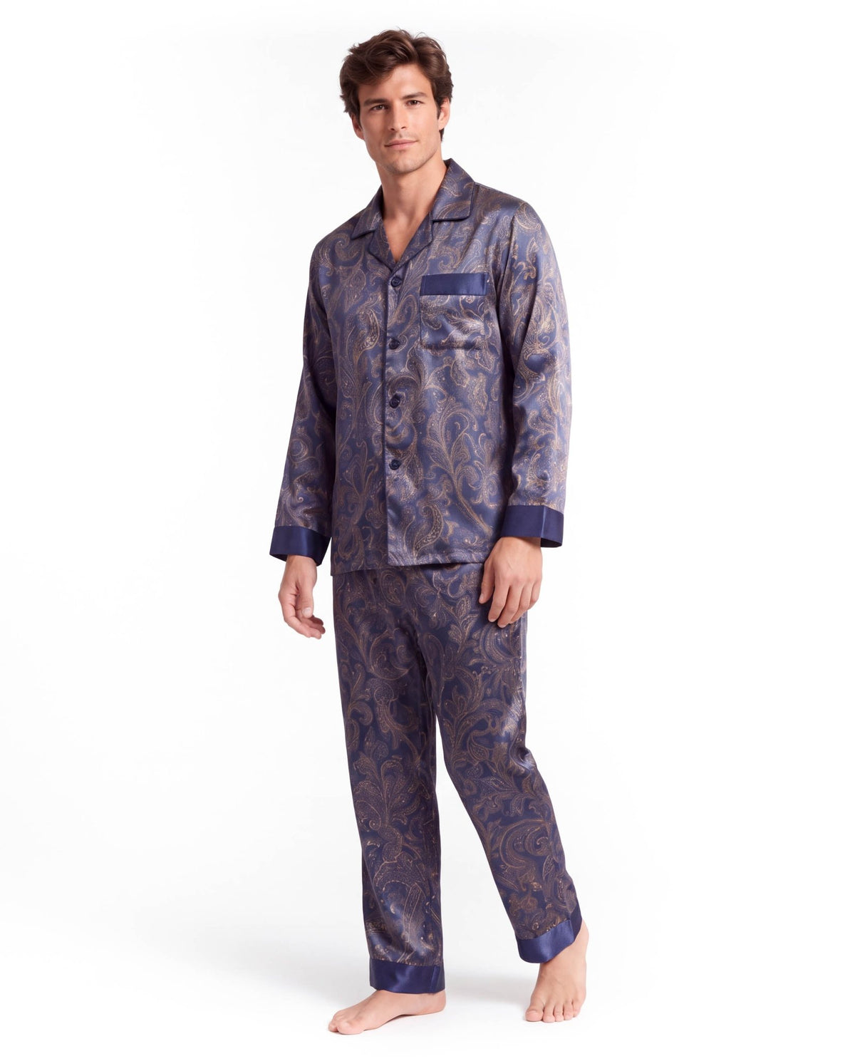Men’s Silk-Like Pajama Set – Luxurious Paisley Pattern Sleepwear