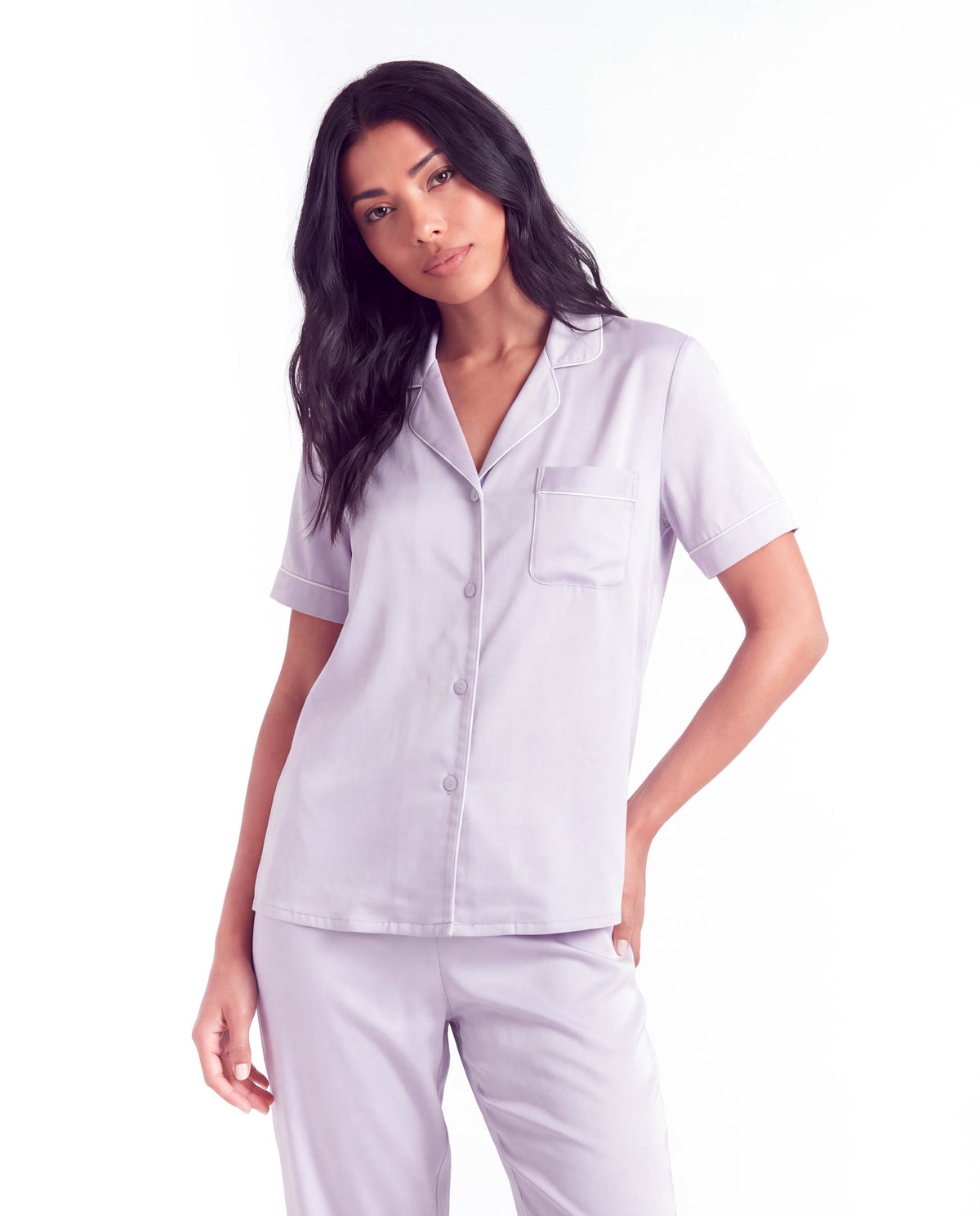Silk Pajama Set – Short Sleeve Button Top &amp; Long Pants
