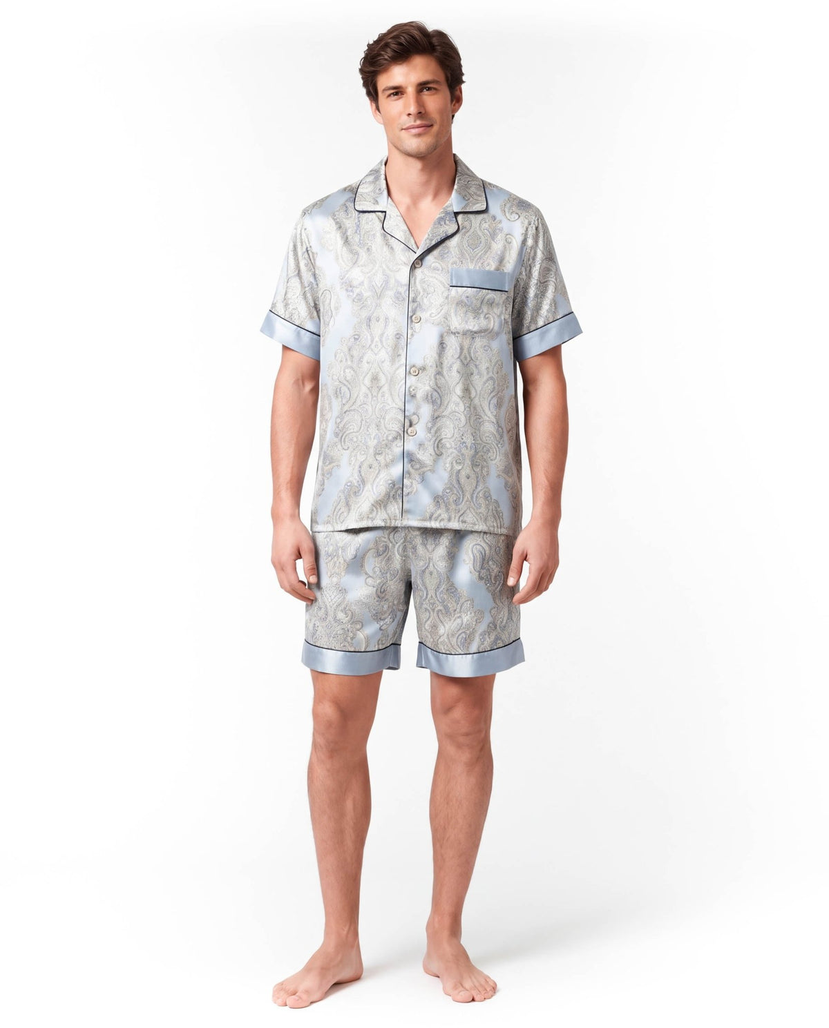 Men’s Silk-Like Pajama Set – Luxurious Paisley Pattern Sleepwear