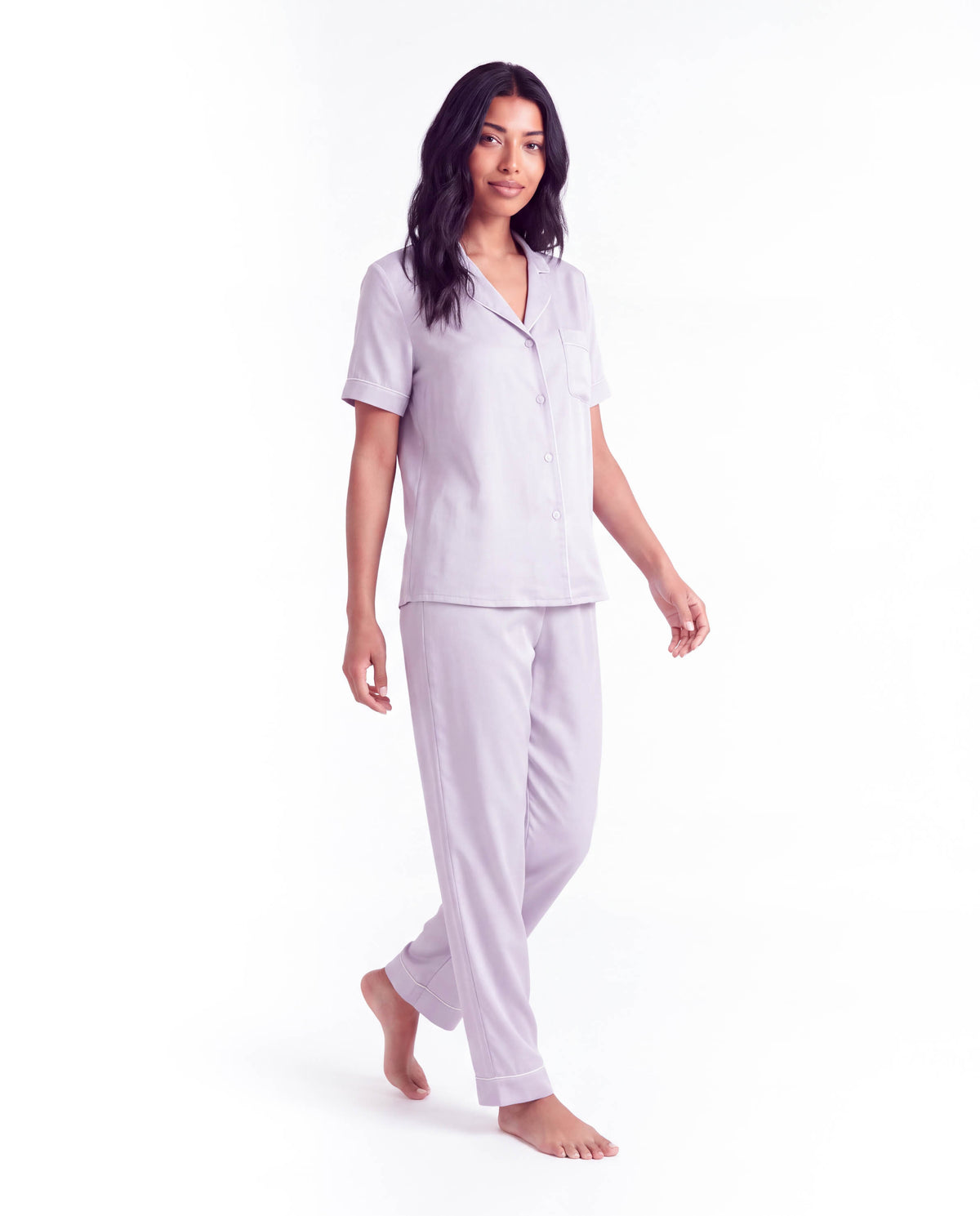 Silk Pajama Set – Short Sleeve Button Top &amp; Long Pants