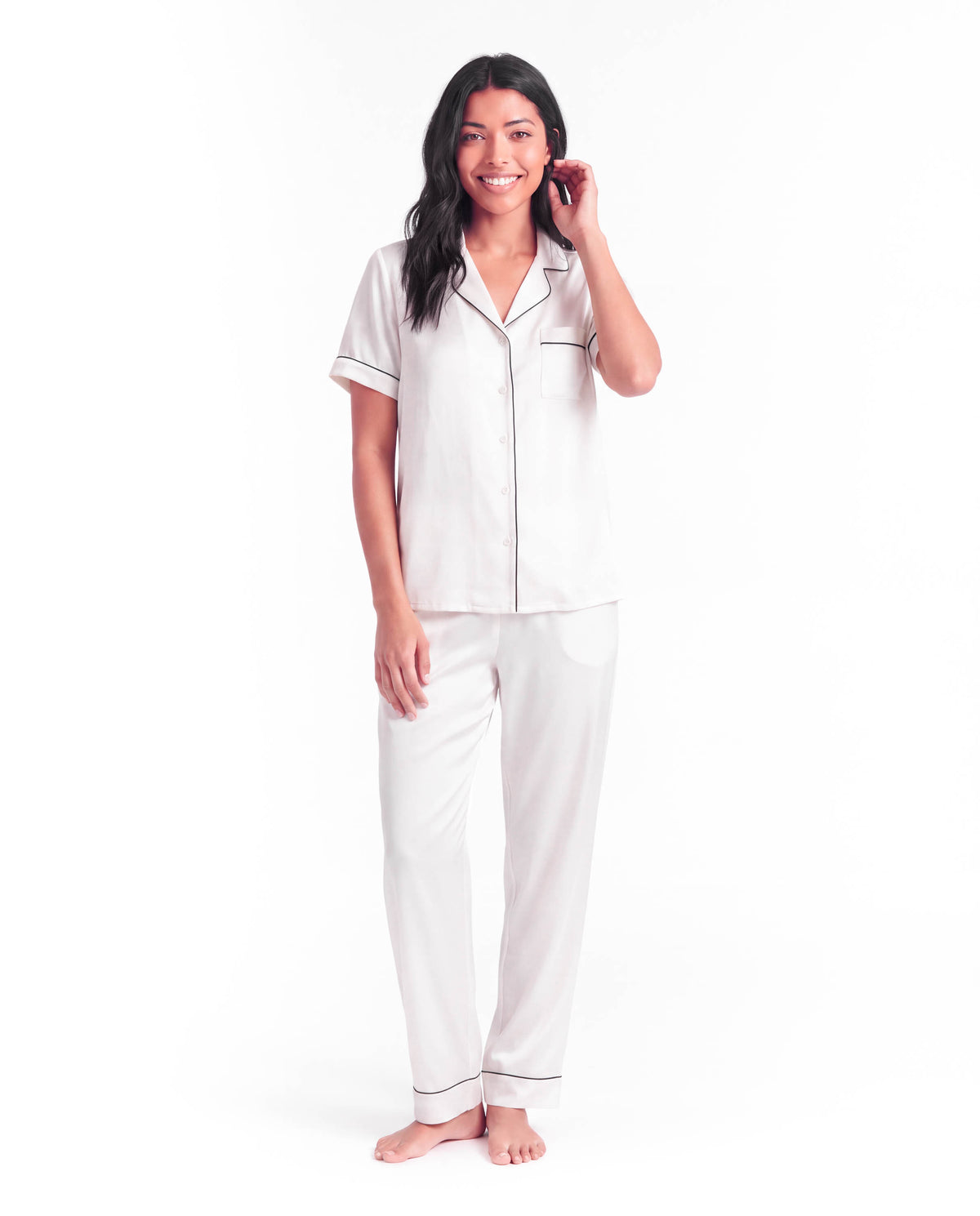 Silk Pajama Set – Short Sleeve Button Top &amp; Long Pants