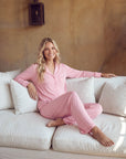 Women’s Pajama Set – Single-Breasted Lapel Coat with Full Sleeves and Straight-Leg Pants