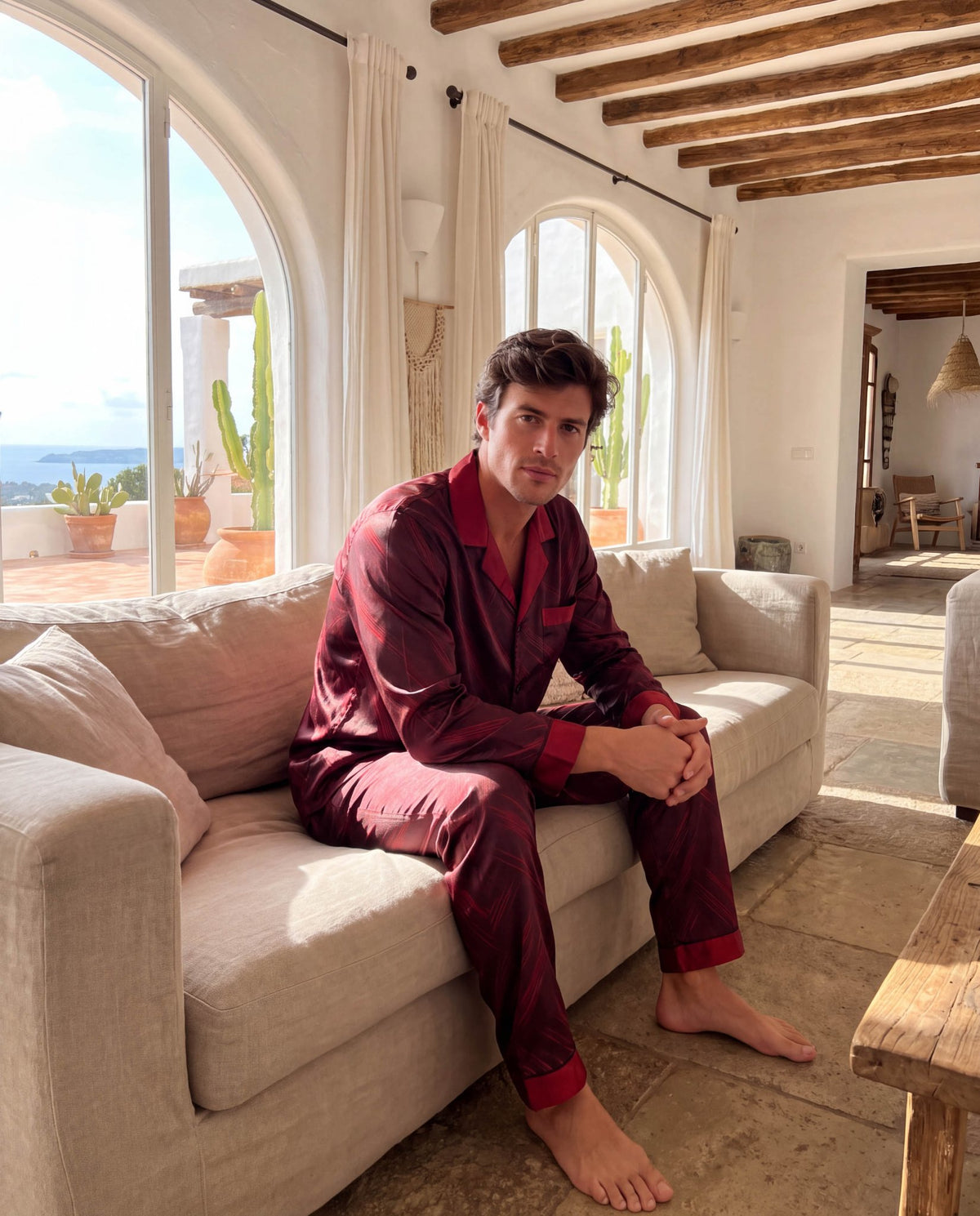 Men’s Pajama Set – Long Sleeve Satin-Look Sleepwear with Elegant Pattern