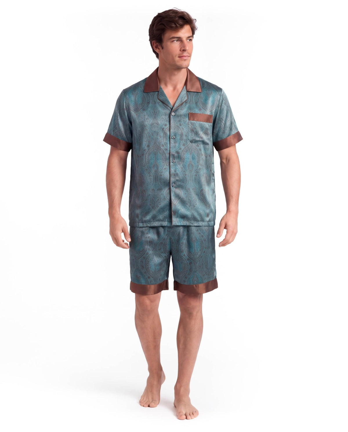 Men’s Silk-Like Pajama Set – Luxurious Paisley Pattern Sleepwear