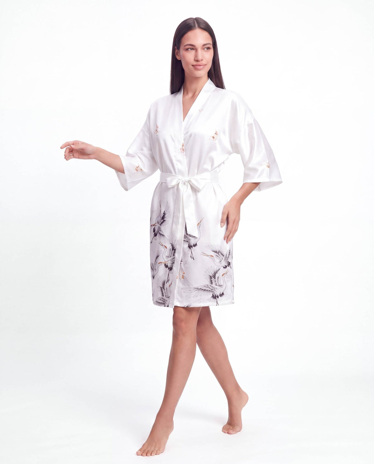 Women’s Crane Print Kimono Robe – Lightweight Short Sleeve Dressing Gown
