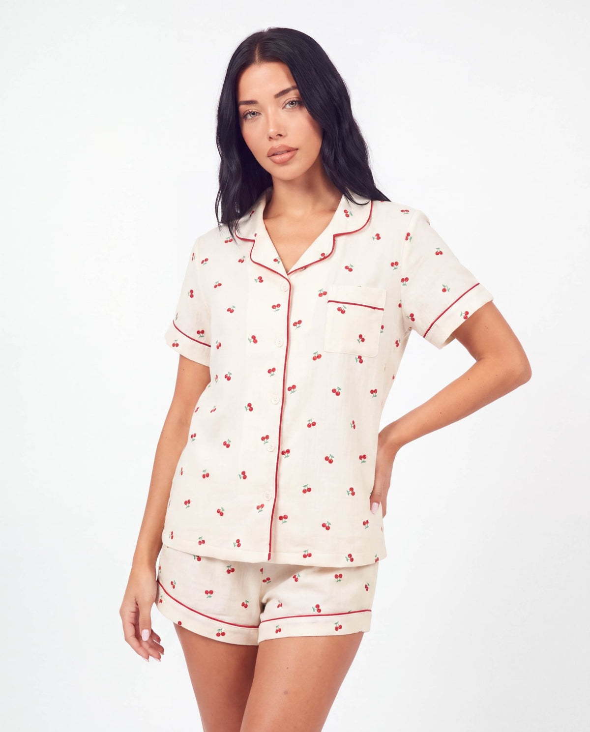 Women’s Cherry Print Pajama Set – Short Sleeve Lapel Top with Button Front and Elastic Shorts