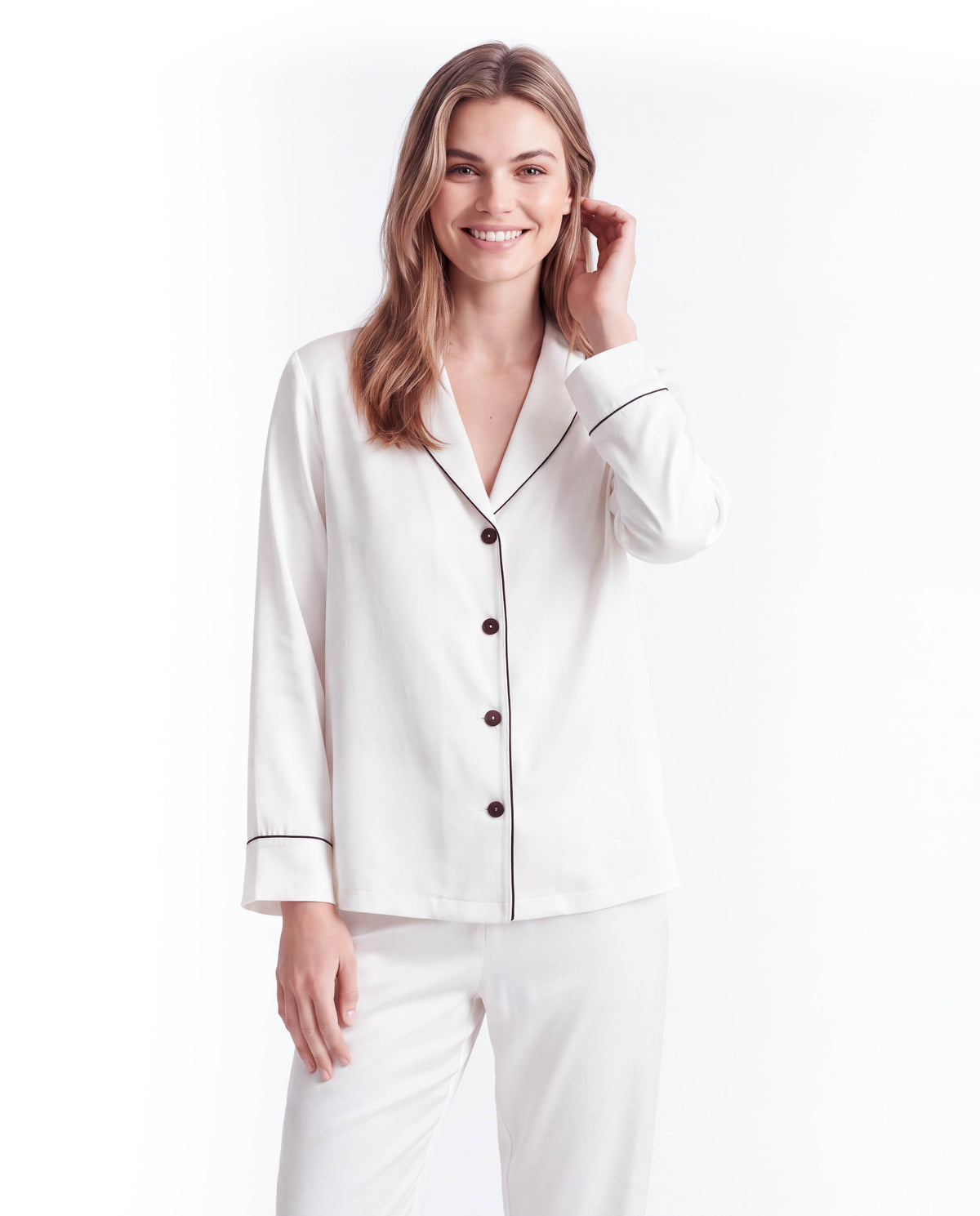 Silk Pajama Set – Long Sleeve Peter Pan Collar Top &amp; Relaxed Pants