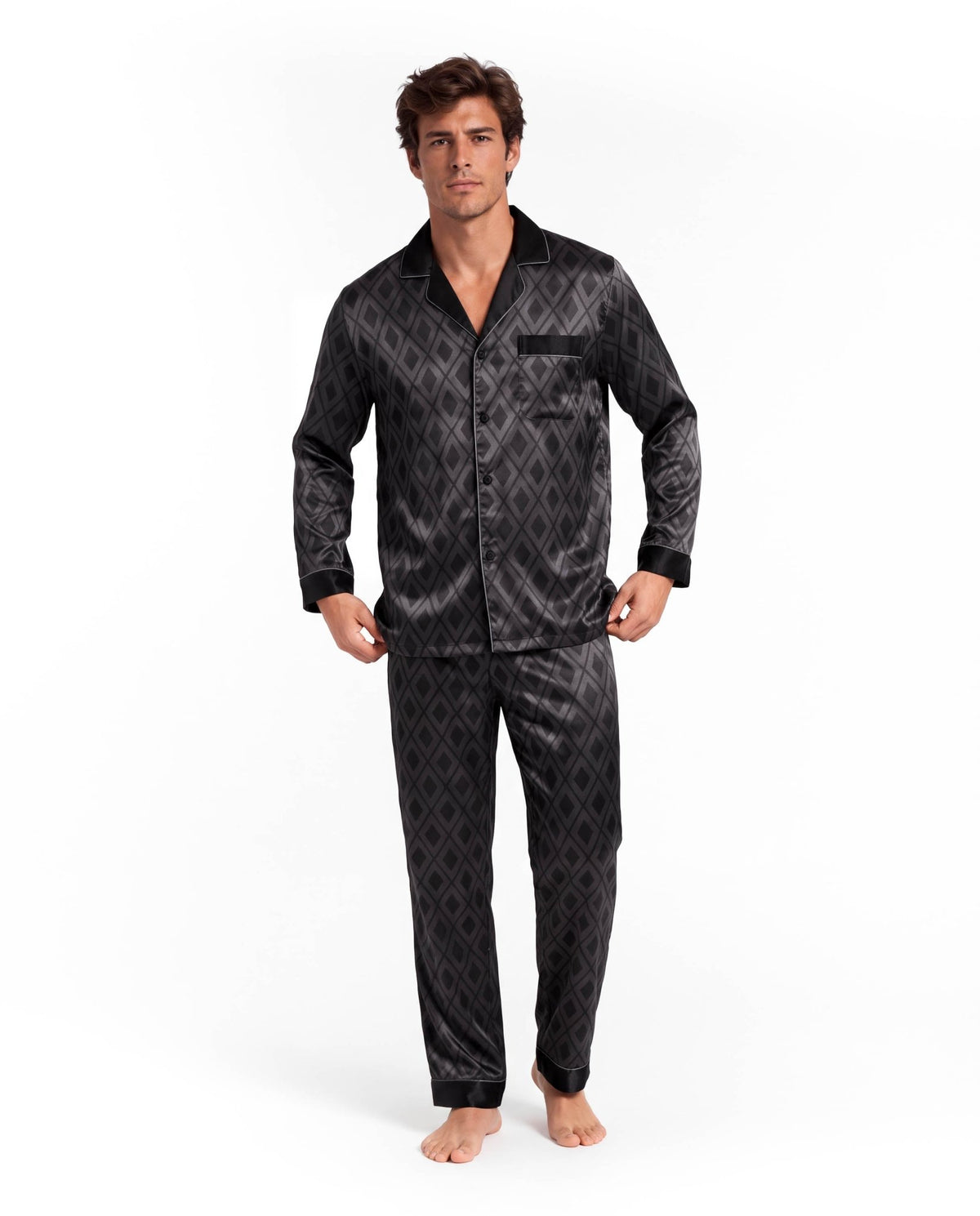 Men’s Pajama Set – Long Sleeve Satin-Look Sleepwear with Elegant Pattern