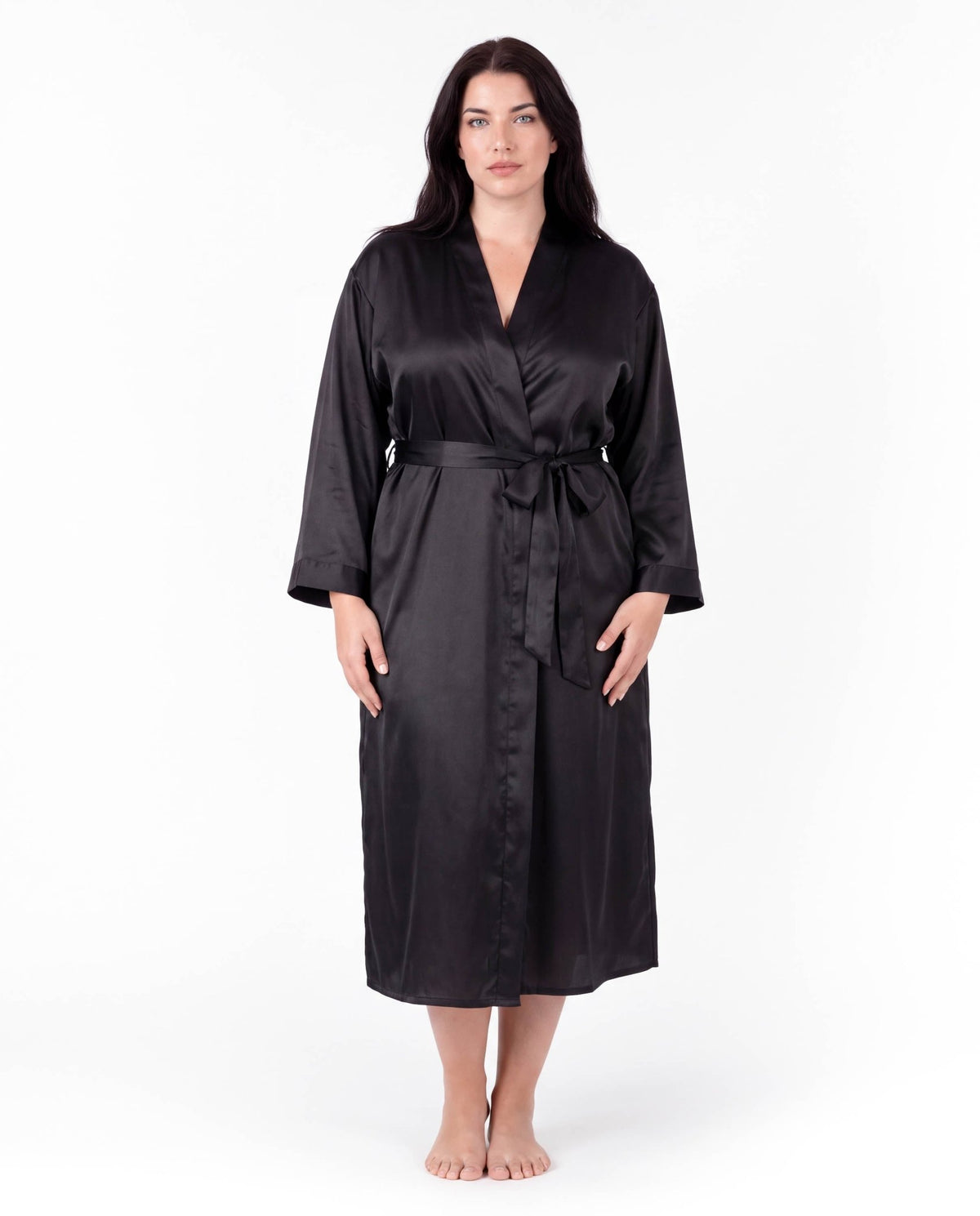 Luxurious Satin Kimono Robe with Contrast Trim – Long Sleeve, Belted, Machine Washable