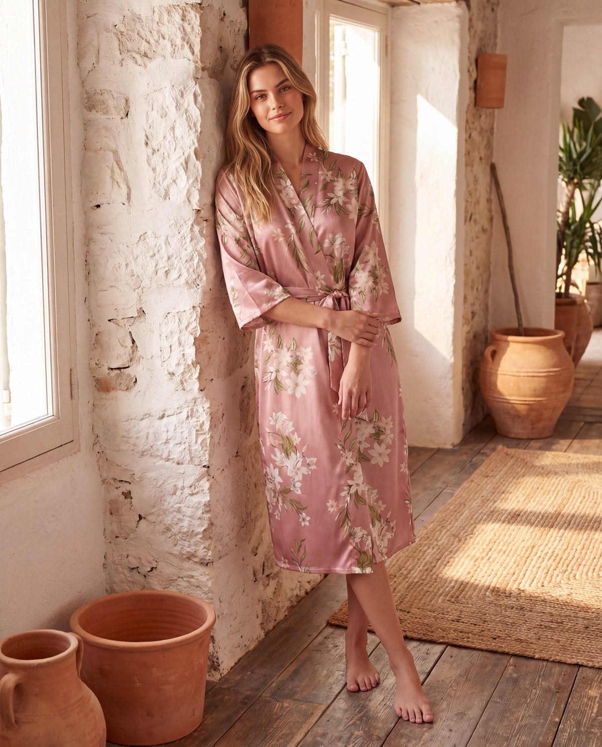 Women's Longline Belted Robe – Soft Three-Quarter Sleeve Loungewear &amp; Sleepwear